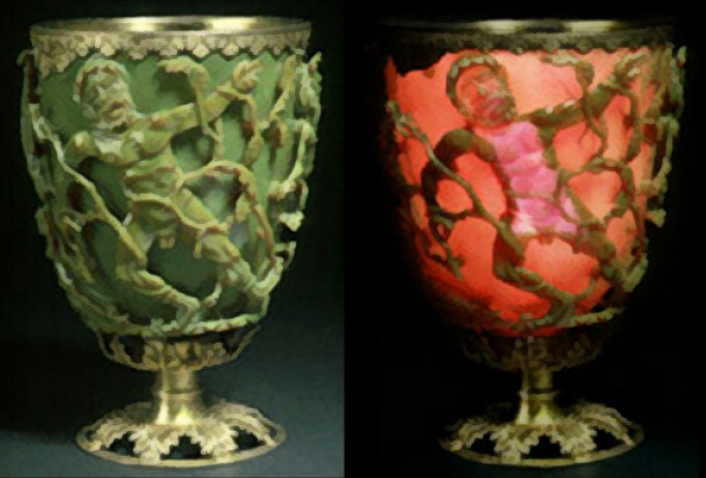 The Lycurgus Cup when lit from outside and inside.
